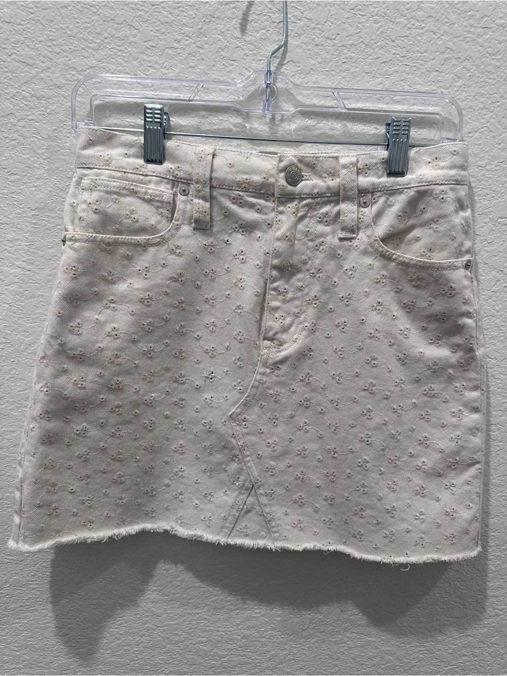 Madewell‎ Ivory Eyelet Embroidered Denim Mini Skirt Raw Hem Off White Floral